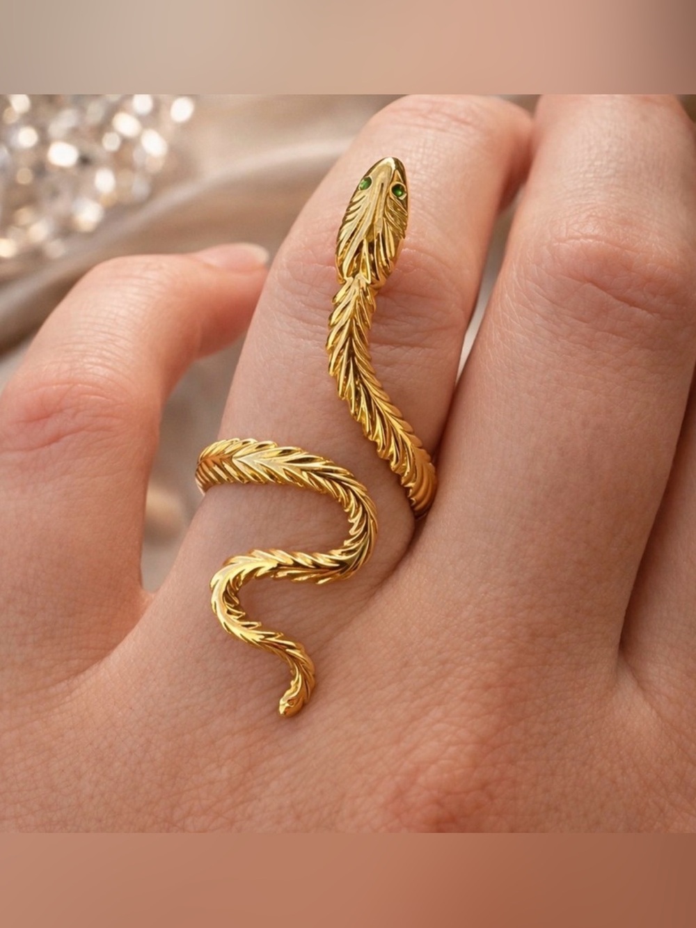 Gold Snake Wrap Reptile Ring with Green Eyes Halloween Gothic Jewelry